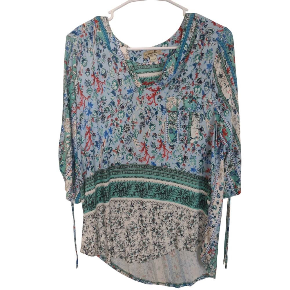 One World Asymmetrical Floral Blouse XLP Bohemian Casual Lightweight‎ Cottage